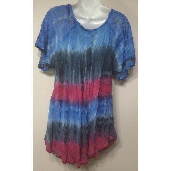 Sakkas Blouse Women’s Turquoise Tie Dye Top Short Sleeve V-Neck One Size NEW - Picture 4 of 9